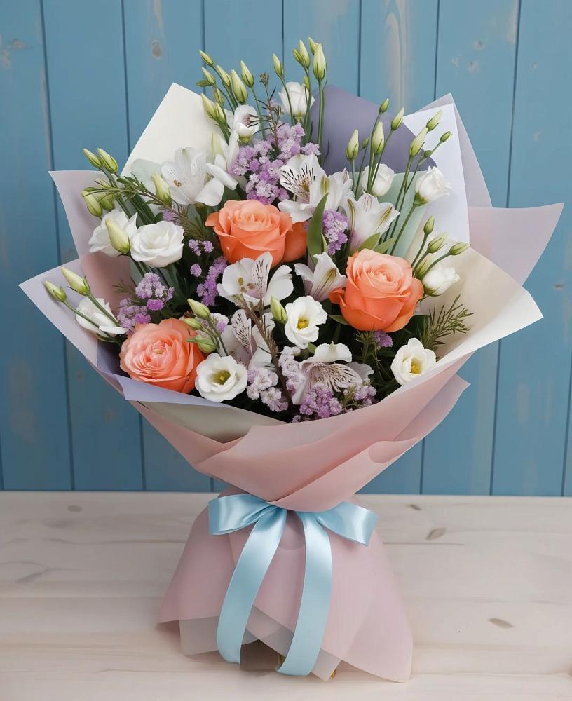 Букет цветов из: Лизиантусы, Розы, Альстромерии и Гипсофила в Ржаксе